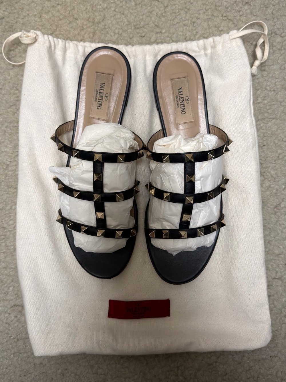Valentino Rare Black Leather Rockstud Multi-Strap Slide Mules and Dust bag